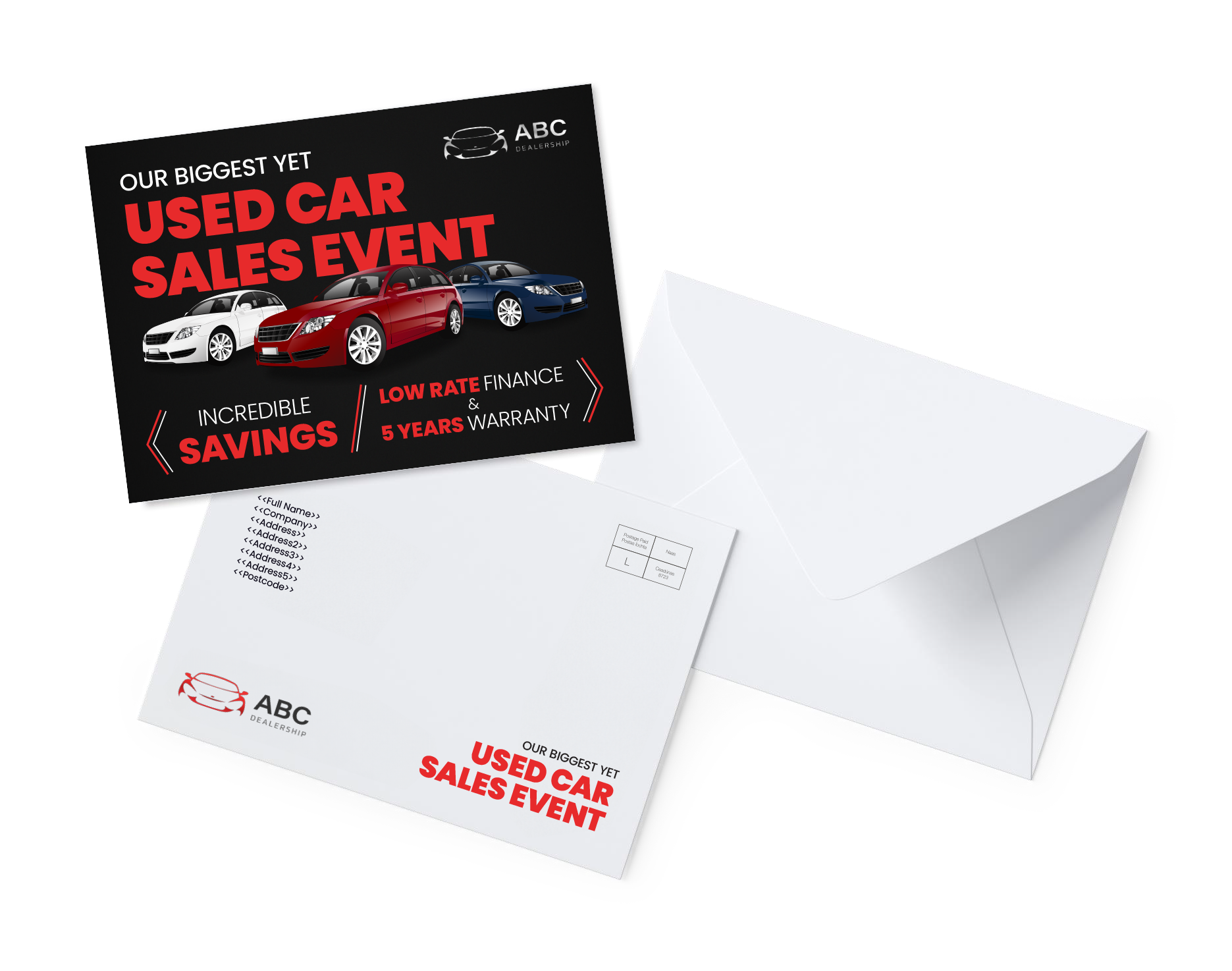 Used Car Sales Event direct mail postcard and envelope