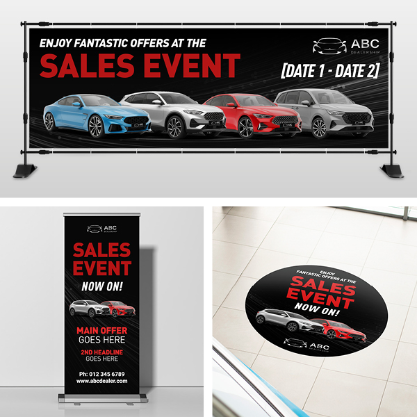 Large-format Sales Event banners, roller stand and floor graphic